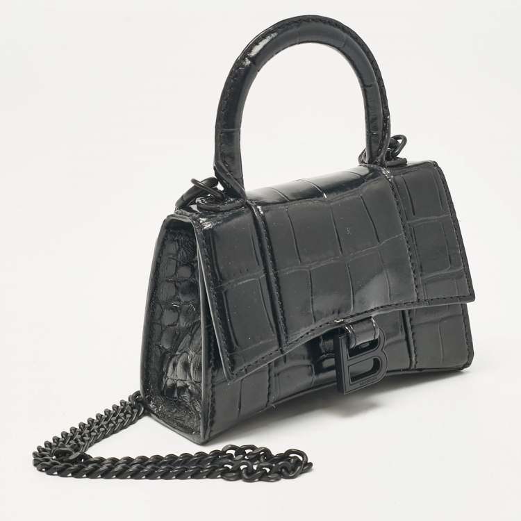 Pre Owned Balenciaga Black Croc Embossed Leather Mini Chain Hourglass Bag