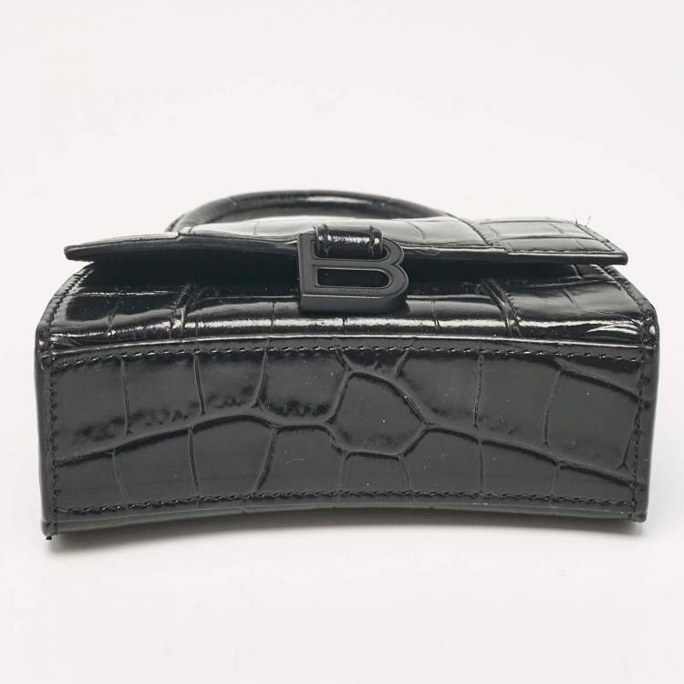 Pre Owned Balenciaga Black Croc Embossed Leather Mini Chain Hourglass Bag