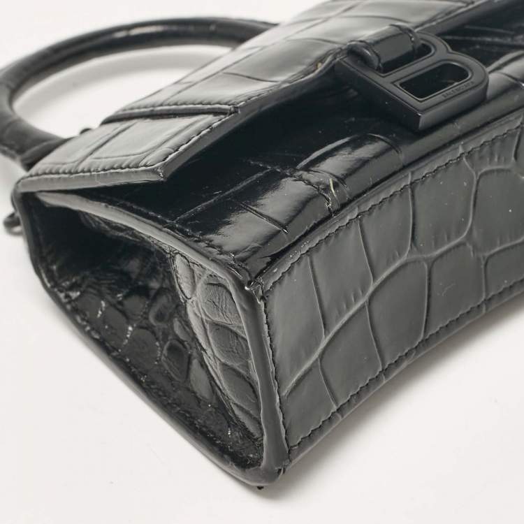 Pre Owned Balenciaga Black Croc Embossed Leather Mini Chain Hourglass Bag