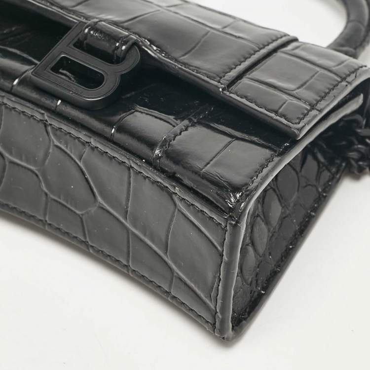 Pre Owned Balenciaga Black Croc Embossed Leather Mini Chain Hourglass Bag