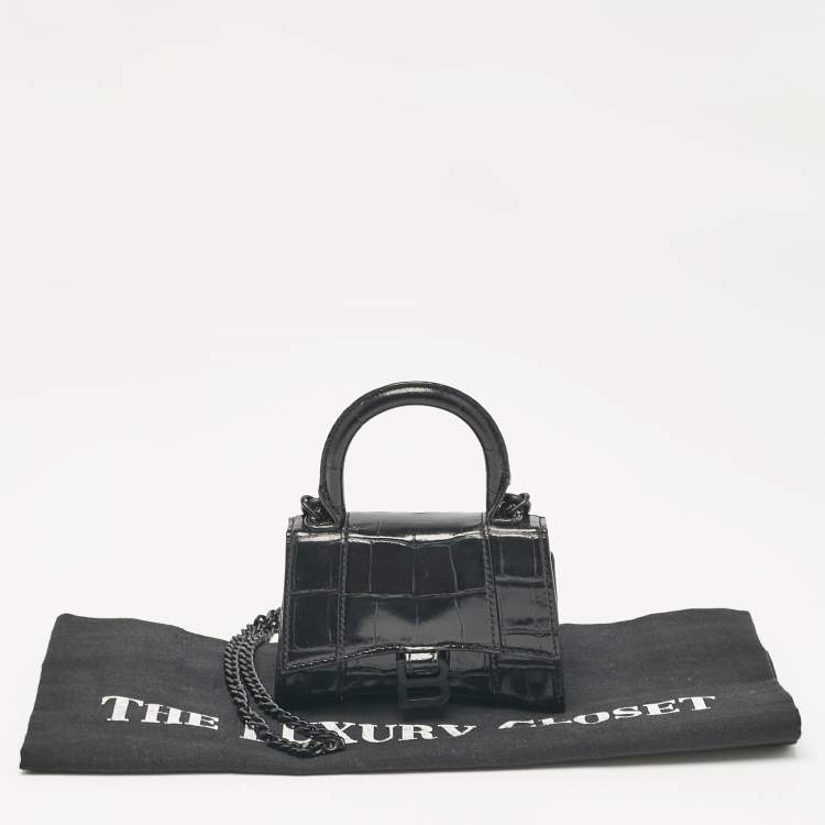 Pre Owned Balenciaga Black Croc Embossed Leather Mini Chain Hourglass Bag