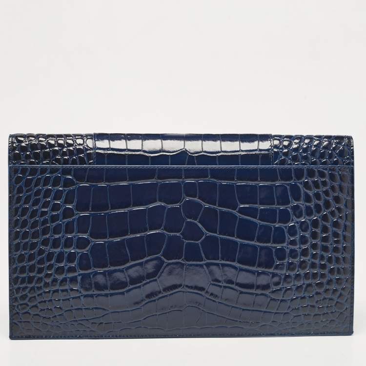 Pre Owned Balenciaga Blue Croc Embossed Leather Hourglass Flat Pouch 