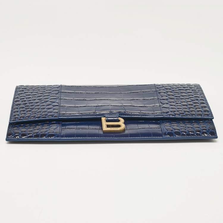 Pre Owned Balenciaga Blue Croc Embossed Leather Hourglass Flat Pouch 