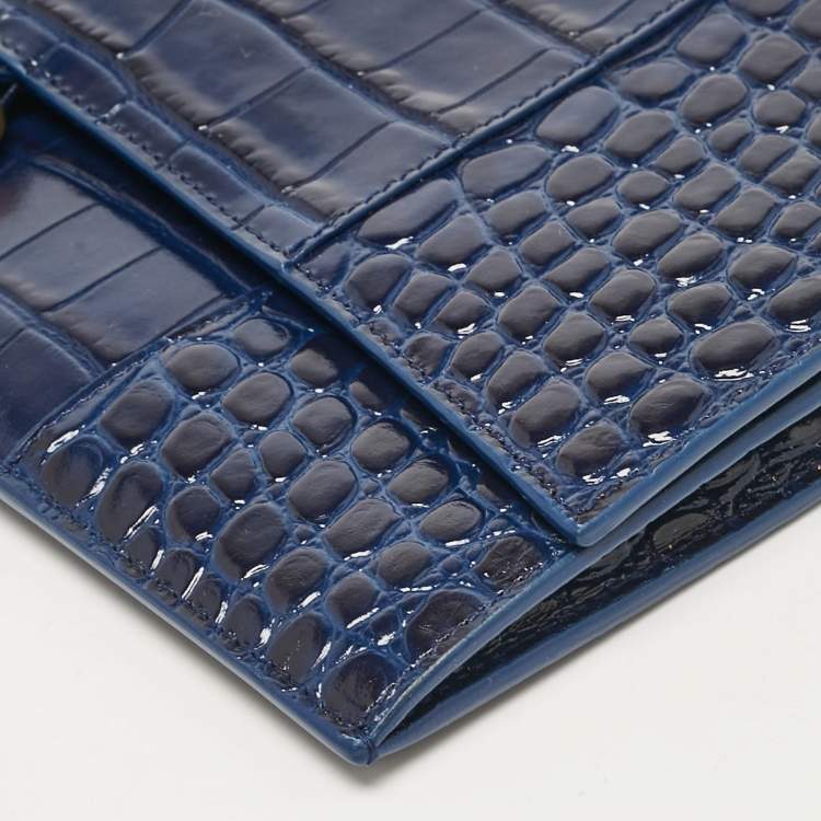 Pre Owned Balenciaga Blue Croc Embossed Leather Hourglass Flat Pouch 