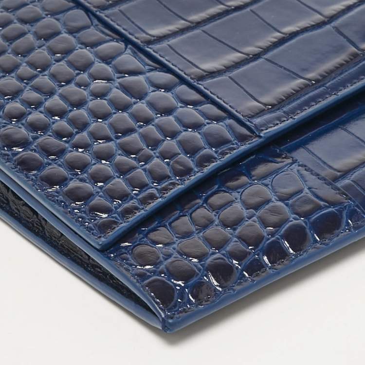 Pre Owned Balenciaga Blue Croc Embossed Leather Hourglass Flat Pouch 