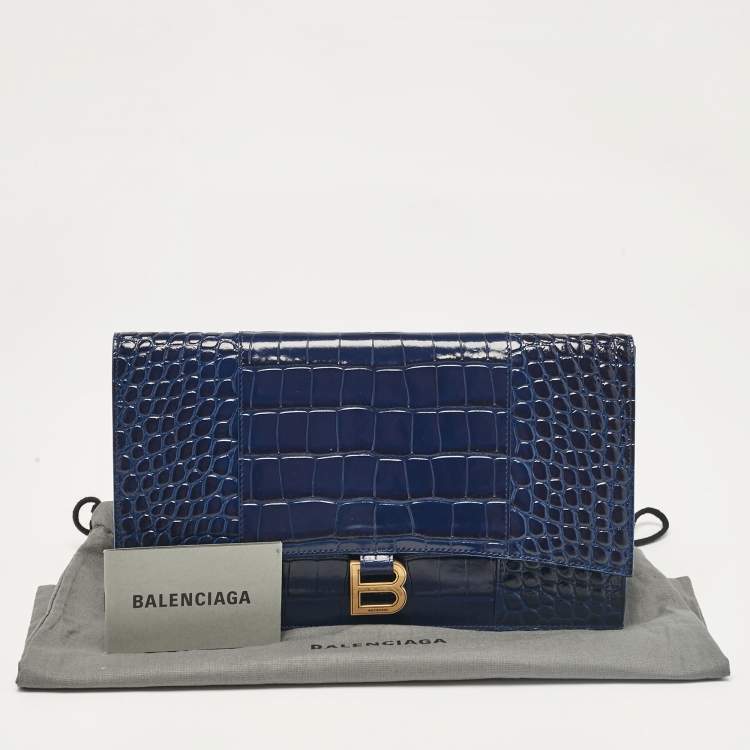 Pre Owned Balenciaga Blue Croc Embossed Leather Hourglass Flat Pouch 