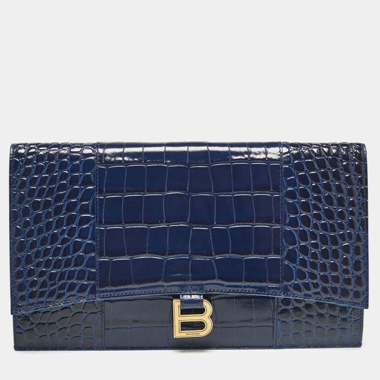 Pre Owned Balenciaga Blue Croc Embossed Leather Hourglass Flat Pouch 