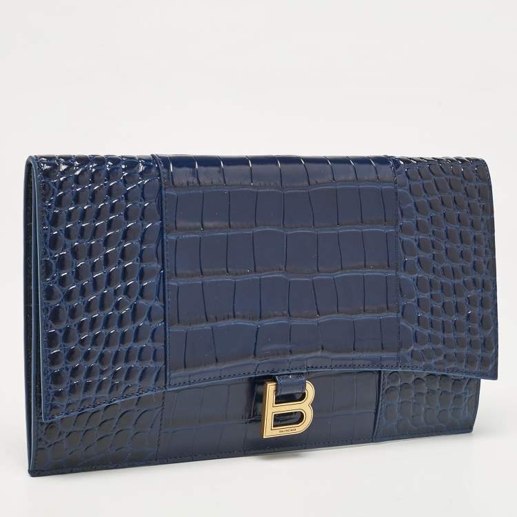 Pre Owned Balenciaga Blue Croc Embossed Leather Hourglass Flat Pouch 