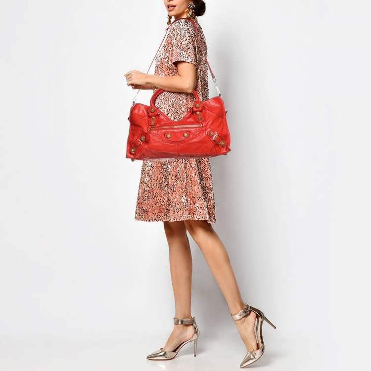 Pre Owned Balenciaga Red Leather Giant Hardware Part Time Tote