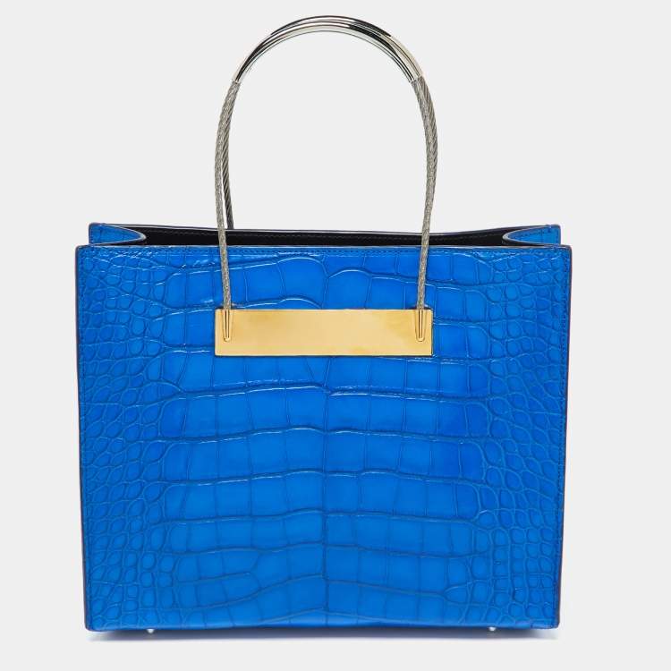 Pre Owned Balenciaga Blue Alligator Leather Cable Handle Tote