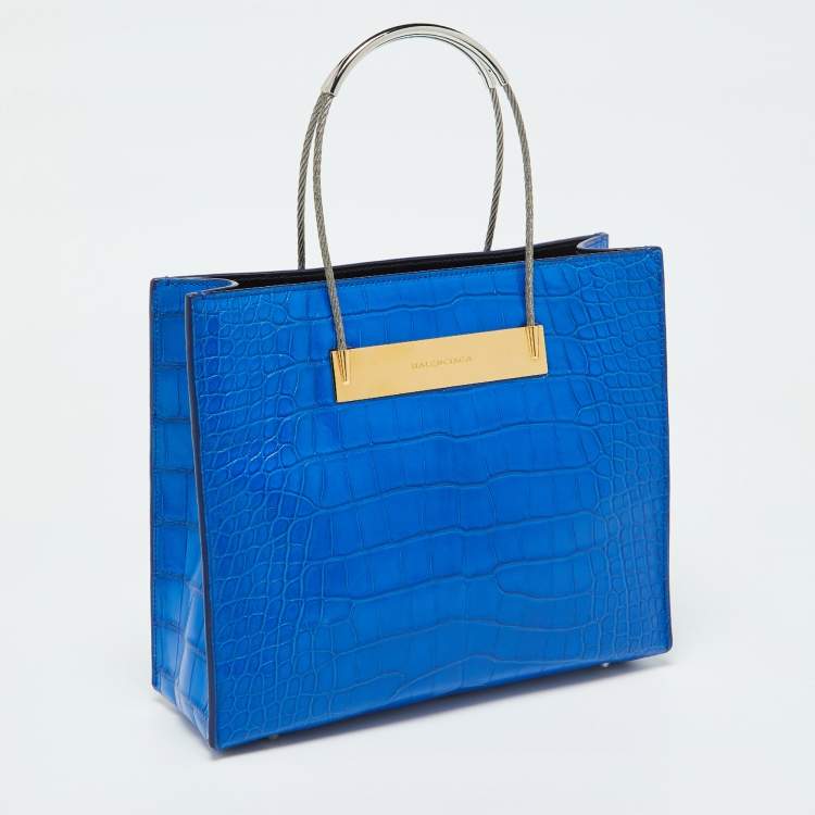 Pre Owned Balenciaga Blue Alligator Leather Cable Handle Tote