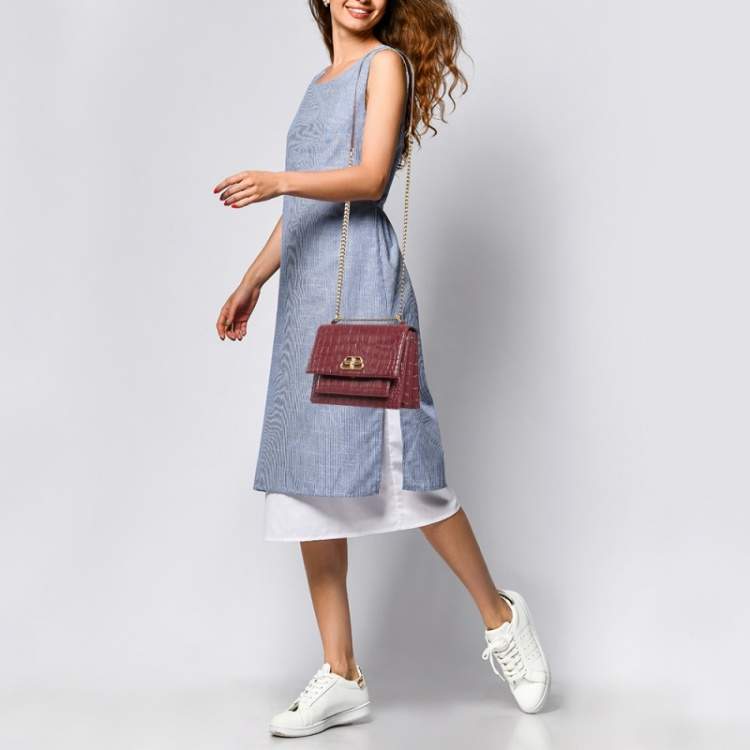 Pre Owned Balenciaga Burgundy Croc Embossed Leather Sharp Shoulder Bag