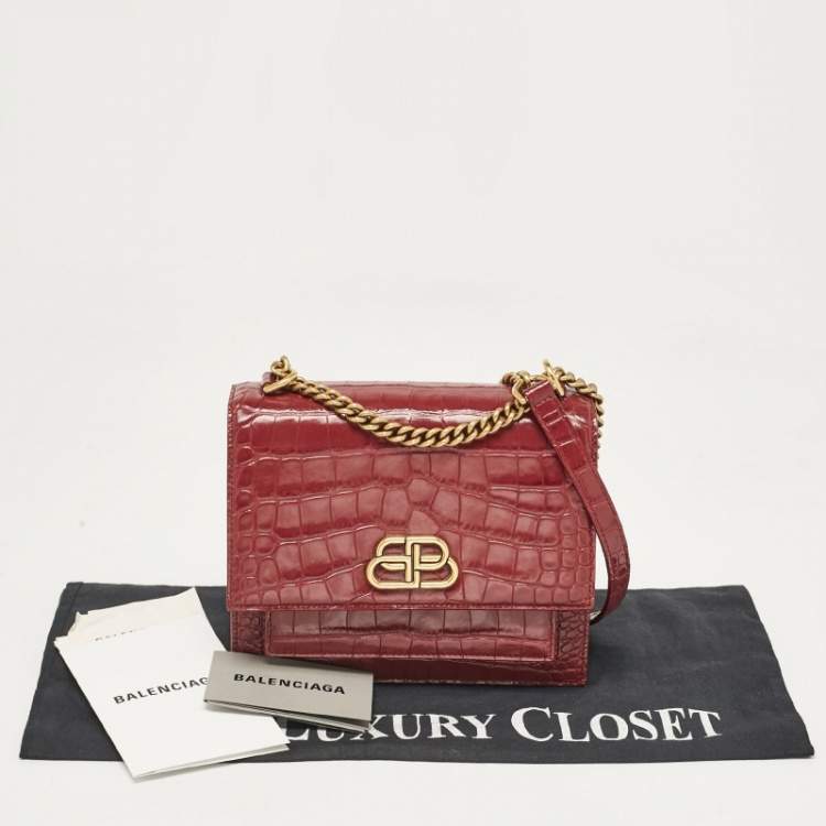 Pre Owned Balenciaga Burgundy Croc Embossed Leather Sharp Shoulder Bag