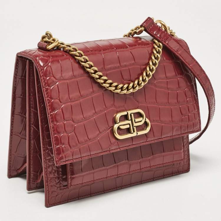 Pre Owned Balenciaga Burgundy Croc Embossed Leather Sharp Shoulder Bag