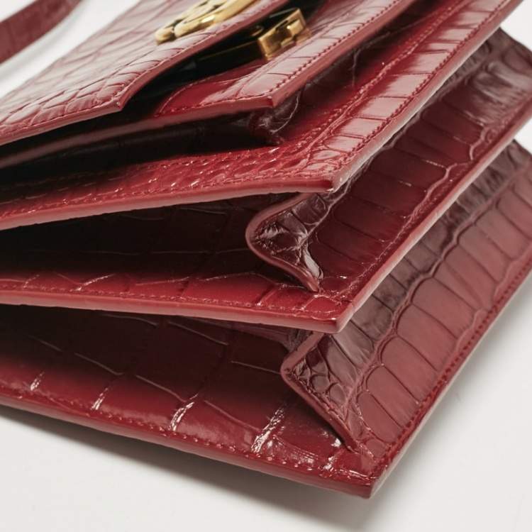 Pre Owned Balenciaga Burgundy Croc Embossed Leather Sharp Shoulder Bag