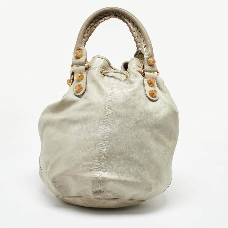 Pre Owned Balenciaga Light Grey Leather GGH Pompon Hobo