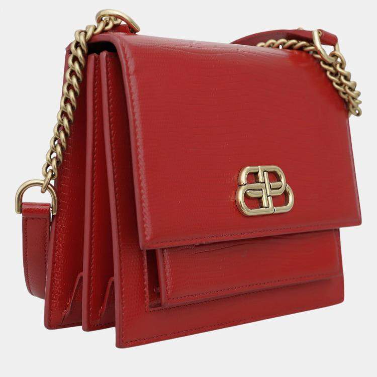 Pre Owned Balenciaga Red Lizard Embossed Leather Small Sharp Shoulder Bag