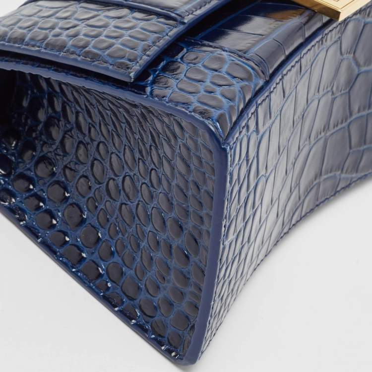 Pre Owned Balenciaga Blue Croc Embossed Leather Small Hourglass Top Handle Bag