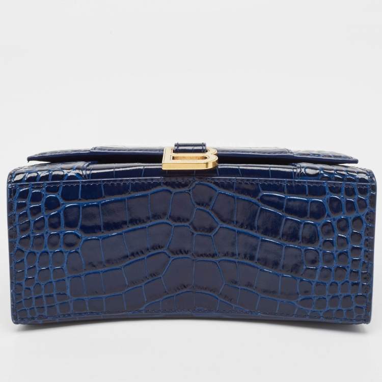 Pre Owned Balenciaga Blue Croc Embossed Leather Small Hourglass Top Handle Bag