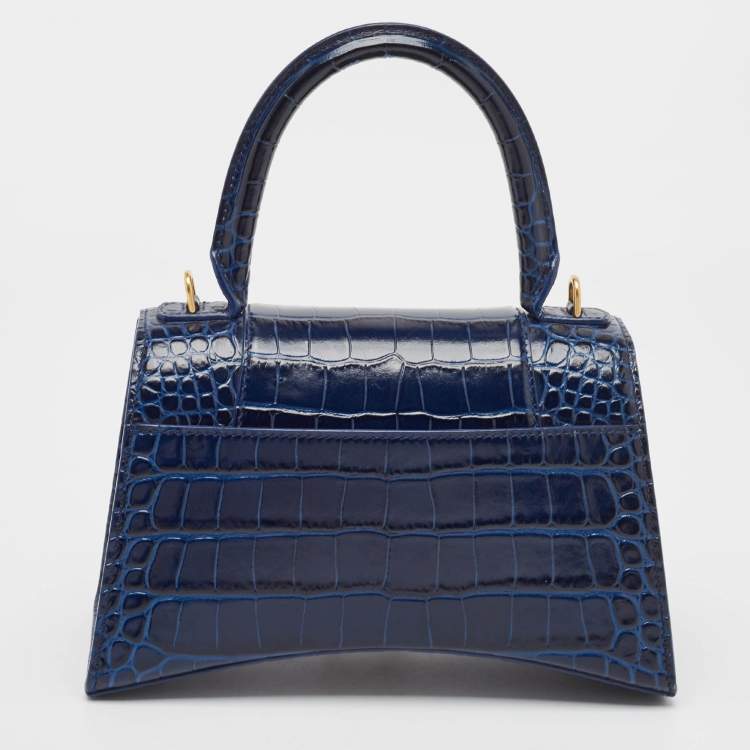 Pre Owned Balenciaga Blue Croc Embossed Leather Small Hourglass Top Handle Bag