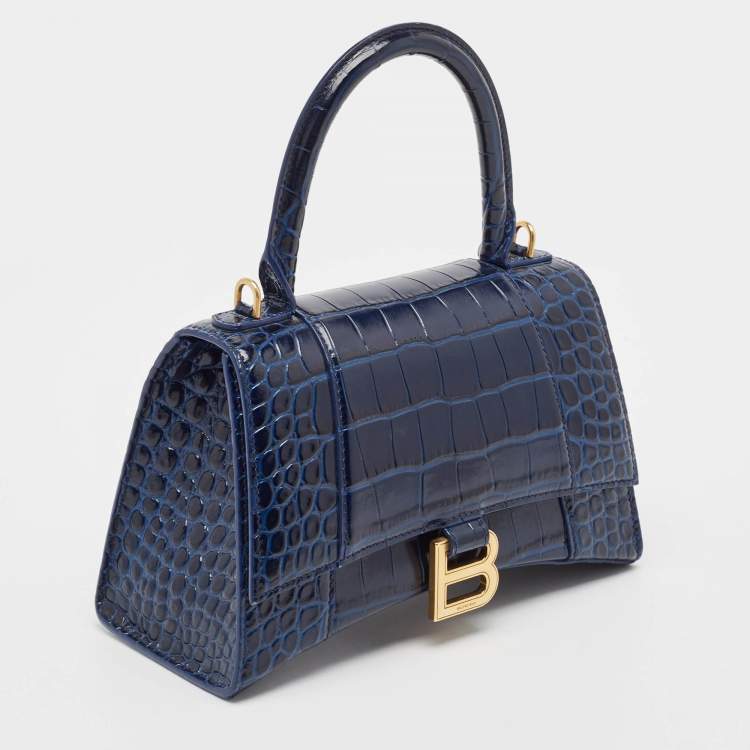 Pre Owned Balenciaga Blue Croc Embossed Leather Small Hourglass Top Handle Bag