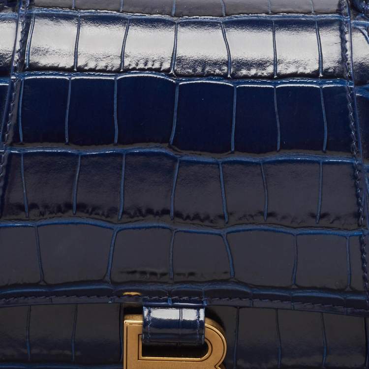Pre Owned Balenciaga Blue Croc Embossed Leather Small Hourglass Top Handle Bag
