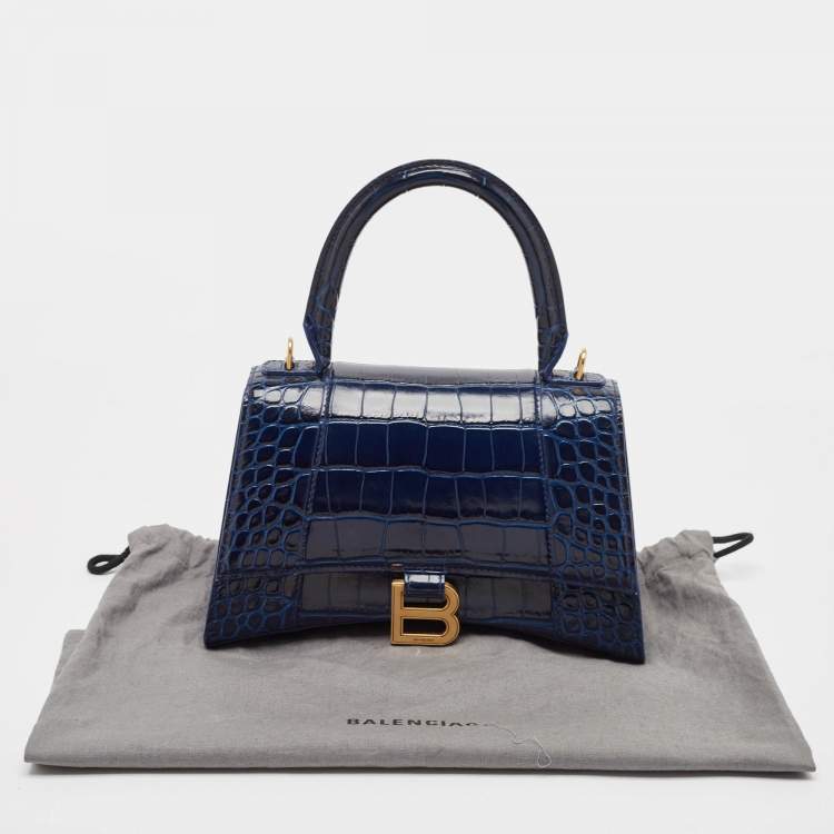 Pre Owned Balenciaga Blue Croc Embossed Leather Small Hourglass Top Handle Bag
