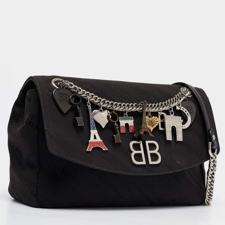 Pre Owned Balenciaga Black Diagonal Logo Fabric and Leather BB Charm Shoulder Bag