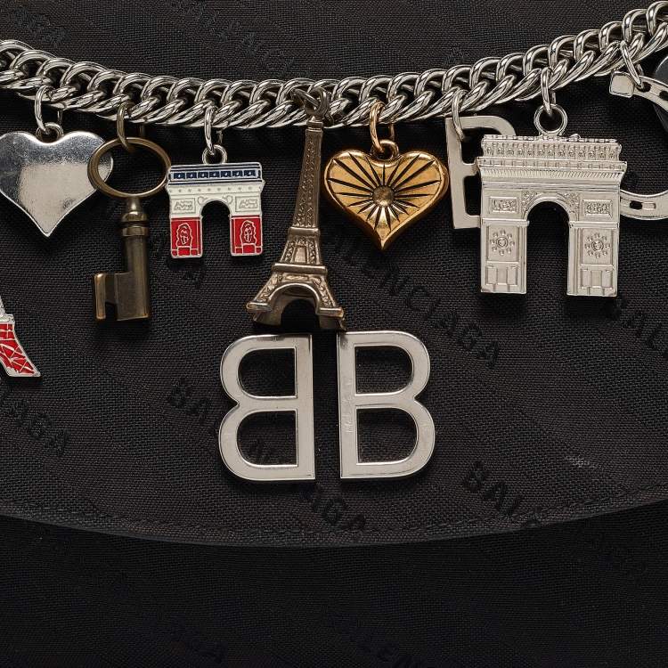 Pre Owned Balenciaga Black Diagonal Logo Fabric and Leather BB Charm Shoulder Bag