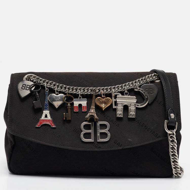 Pre Owned Balenciaga Black Diagonal Logo Fabric and Leather BB Charm Shoulder Bag