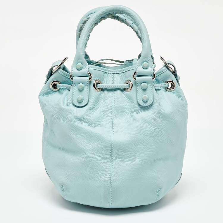 Pre Owned Balenciaga Light Blue Leather Pompon GSH Hobo