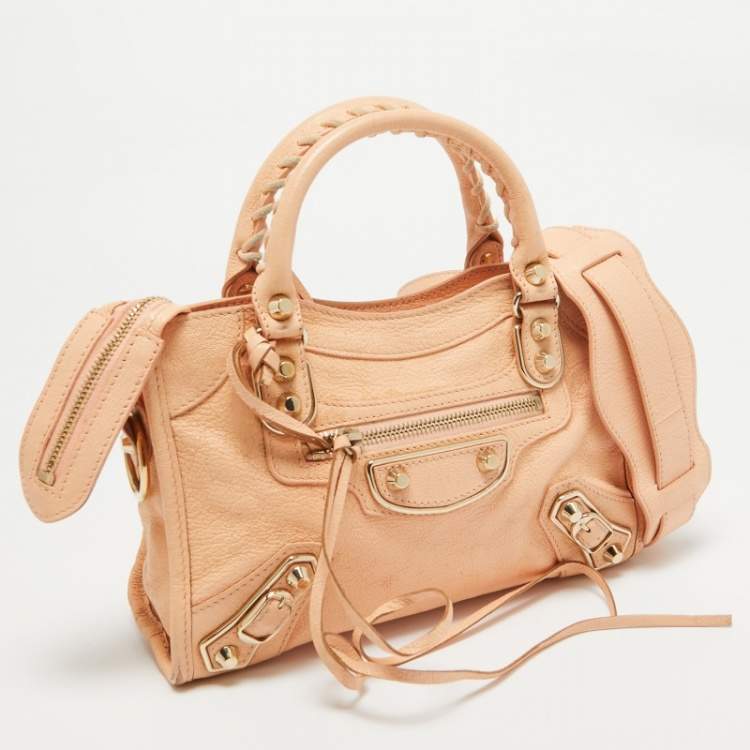 Pre Owned Balenciaga Peach Leather Mini Classic Metallic Edge City Bag