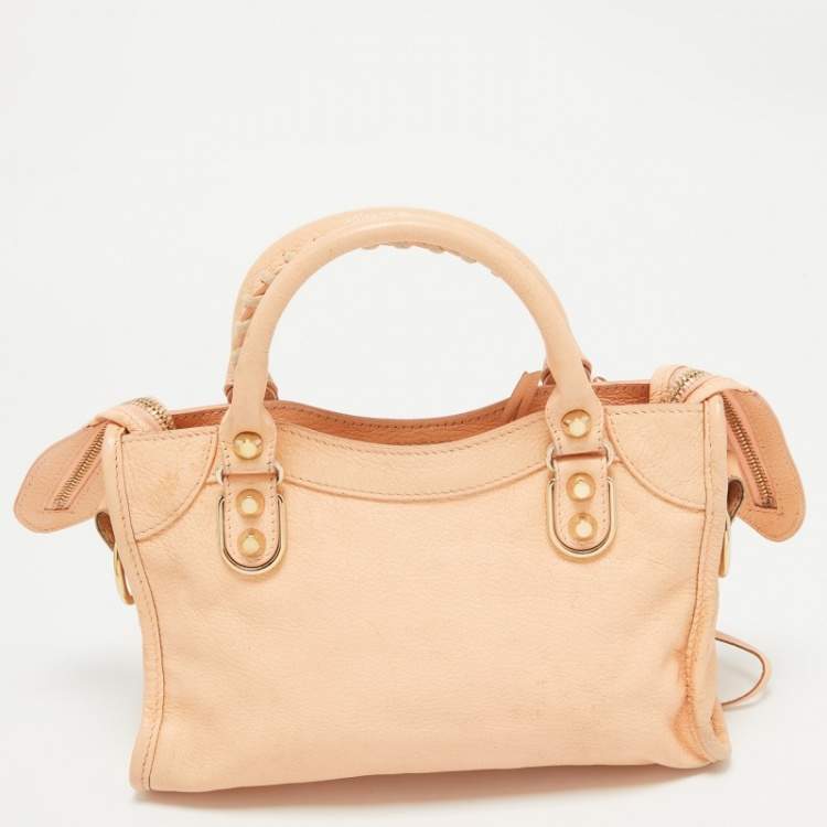 Pre Owned Balenciaga Peach Leather Mini Classic Metallic Edge City Bag