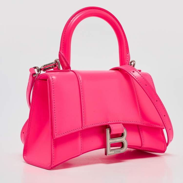 Pre Owned Balenciaga Neon Pink Leather XS Hourglass Top Handle Bag