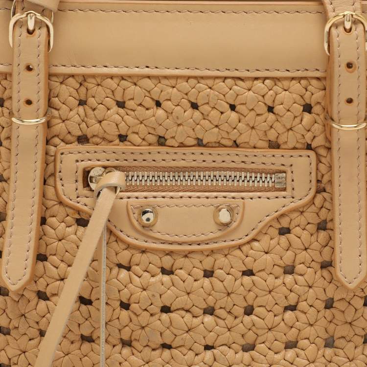 Pre Owned Balenciaga Beige Crochet Leather Mini A4 Tote