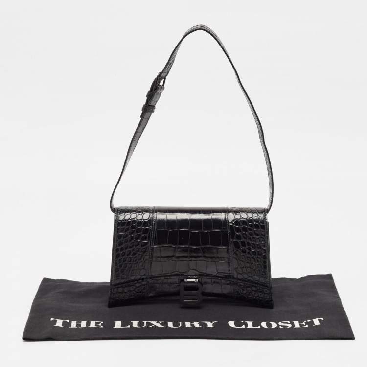 Pre Owned Balenciaga Black Croc Embossed Leather Hourglass Sling Shoulder Bag