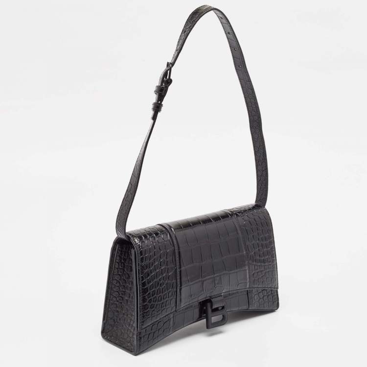 Pre Owned Balenciaga Black Croc Embossed Leather Hourglass Sling Shoulder Bag