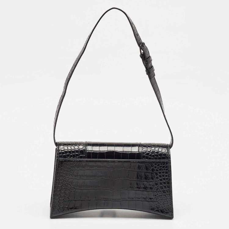 Pre Owned Balenciaga Black Croc Embossed Leather Hourglass Sling Shoulder Bag