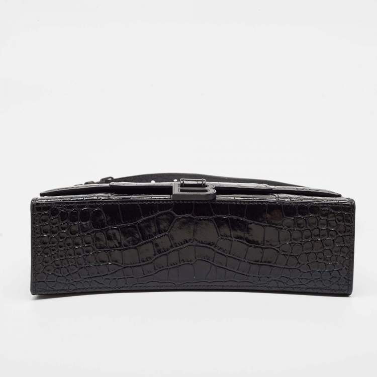 Pre Owned Balenciaga Black Croc Embossed Leather Hourglass Sling Shoulder Bag