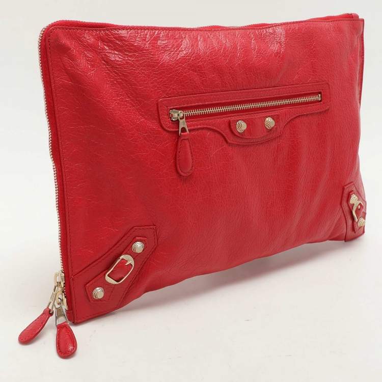 Pre Owned Balenciaga Red Leather Papier Clutch