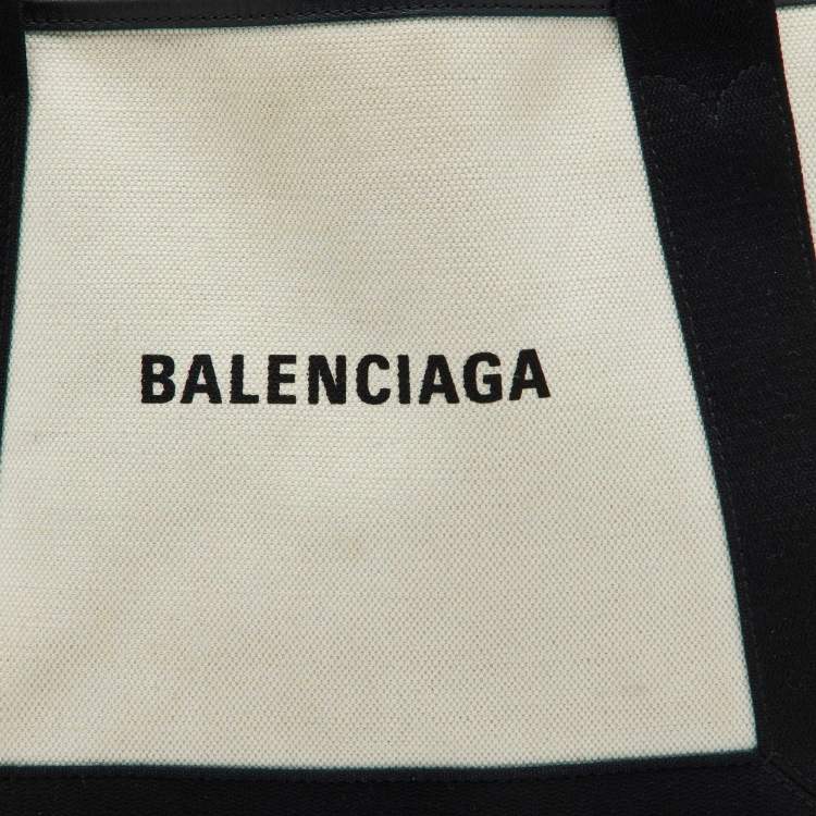 Pre Owned Balenciaga Off White/Black Canvas and Leather Small Cabas Tote
