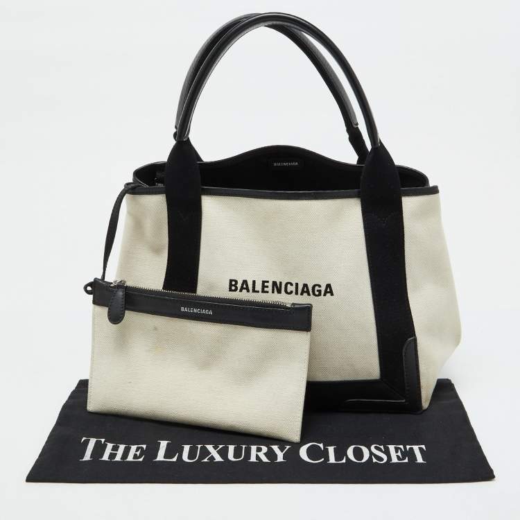 Pre Owned Balenciaga Off White/Black Canvas and Leather Small Cabas Tote
