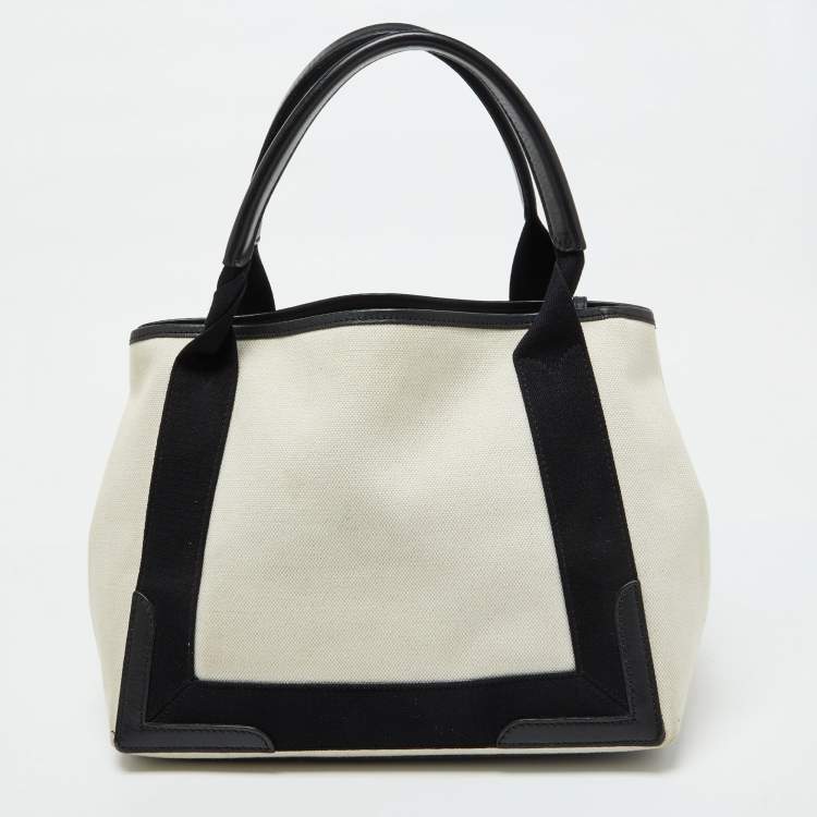 Pre Owned Balenciaga Off White/Black Canvas and Leather Small Cabas Tote