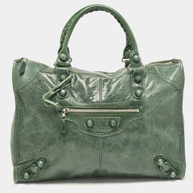 Pre Owned Balenciaga Green Leather Brogues Voyage Weekender Bag