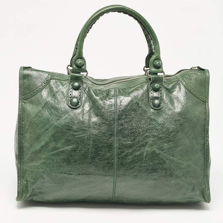 Pre Owned Balenciaga Green Leather Brogues Voyage Weekender Bag