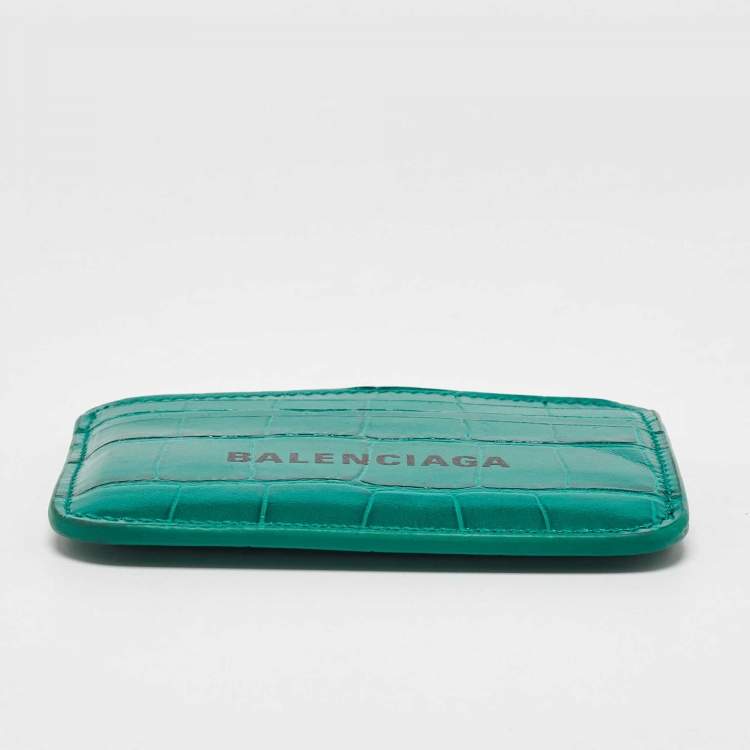 Pre Owned Balenciaga Green Croc Embossed Leather Card Holder