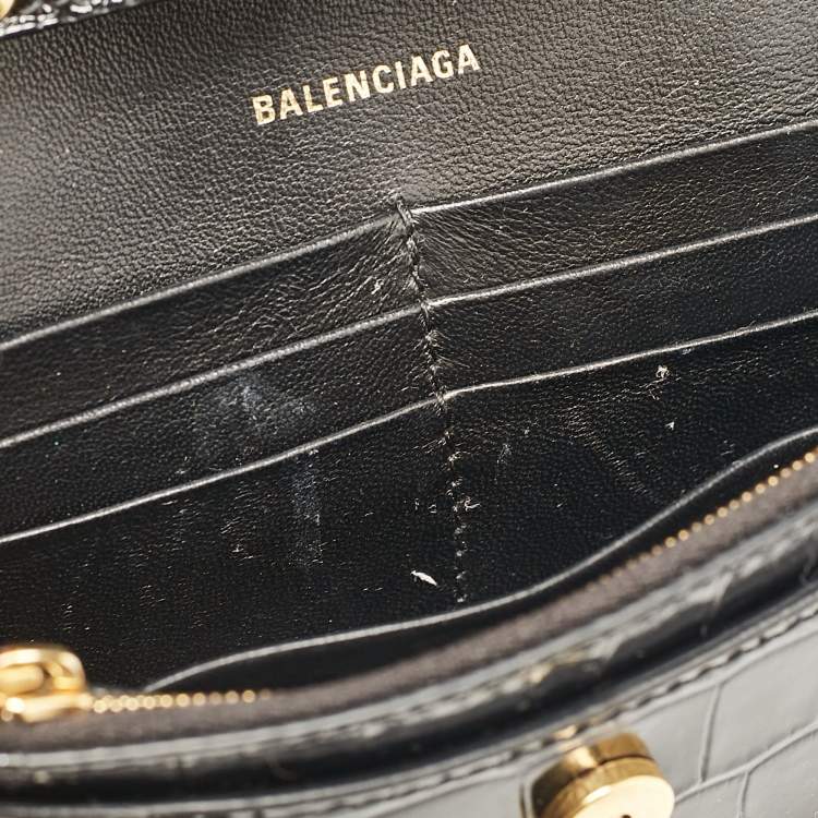 Pre Owned Balenciaga Black Croc Embossed Patent Leather Hourglass Wallet On Chain
