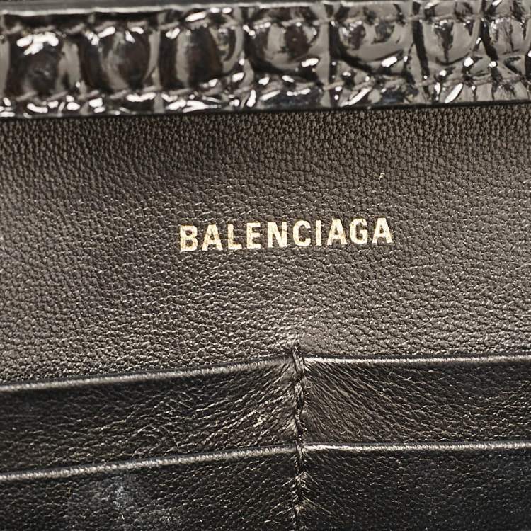 Pre Owned Balenciaga Black Croc Embossed Patent Leather Hourglass Wallet On Chain