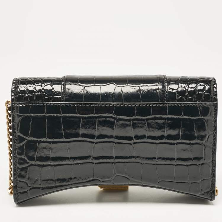 Pre Owned Balenciaga Black Croc Embossed Patent Leather Hourglass Wallet On Chain