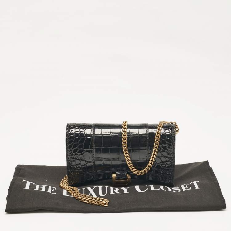 Pre Owned Balenciaga Black Croc Embossed Patent Leather Hourglass Wallet On Chain
